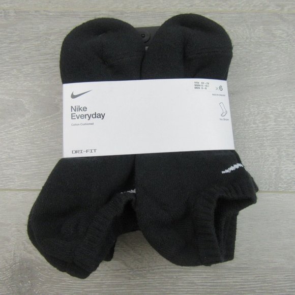Nike Everyday Cushioned No Show Socks Black 6 Pack Womens 6-10 / Youth 5Y-7Y NEW - Picture 2 of 9